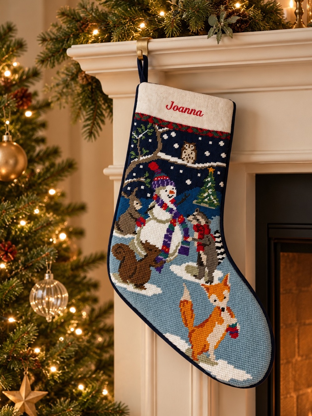 Charming Woodland Animals Personalized Joanna Needlepoint Christmas Stocking EUC